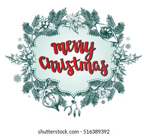 Background with winter holiday decorations and modern brush lettering "Merry Christmas". Template for greeting cards, invitations, posters, flyers. Hand-drawn vector illustration.
