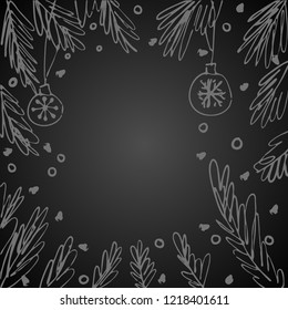 Background for winter holidays with space for text and fir tree branches frame. Hand drawn concept for banners and postcards