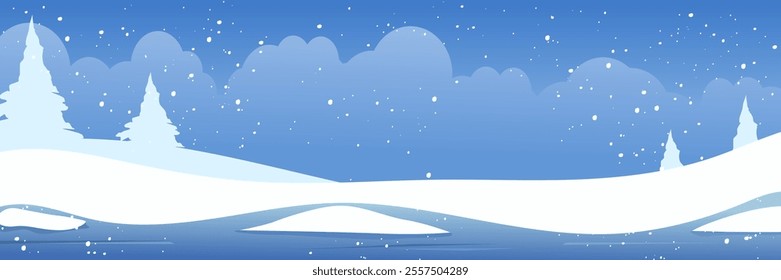 Background winter, horizontal landscape of snowy banner, vector illustration of winter landscape mountains and trees.