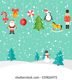 Background with winter landscape, falling snow and hanging Christmas toys set with Santa Claus, soldier, penguin, snowman etc. Can be used for greeting card, invitation, advertising banner.