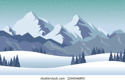 Background winter landscape flat design vector illustration. Blue mountains winter snowy landscape with forest