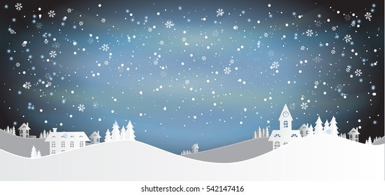 Background with winter landscape with snowflakes, light, stars. Vector Illustration.
