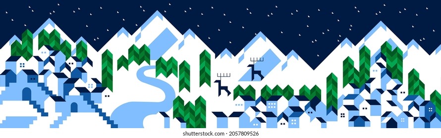 Background with winter landscape.Merry Christmas. Scandinavian, minimal, geometric style winter illustration with deer, Christmas tree,  home, buildings, mountains, river. Sketch vector illustration