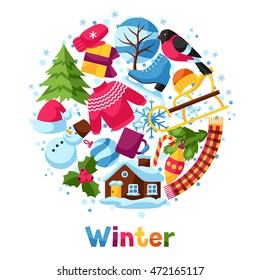 Background with winter objects. Merry Christmas, Happy New Year holiday items and symbols.