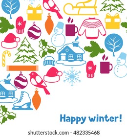 Background with winter objects. Merry Christmas, Happy New Year holiday items and symbols.