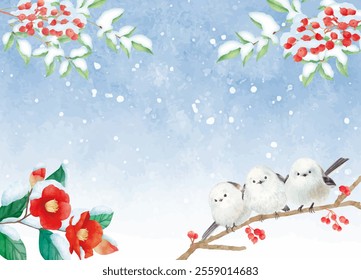 Background of winter plants and long-tailed moth painted in watercolor
