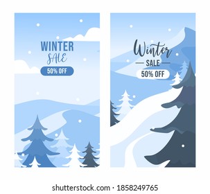 Background Winter Sale Banner Story Social Media Template In Flat Design Style. Vertical Abstract Banner Winter Season With Trees, Mountain And Snowfall.