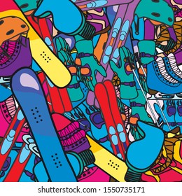 Background with winter sports elements. Icons: helmet, snowboard, ski, gloves, skates. Design for winter activity. Inscription for poster, booklet, banners, flyer, promotions, advertising. No seamless