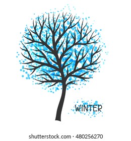 Background with winter tree. Illustration of silhouette and abstract spots.