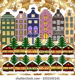 Background. Winter village landscape. Vector illustration.