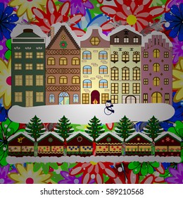 Background. Winter village landscape. Vector illustration.