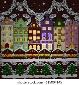 Background. Winter village landscape. Vector illustration.