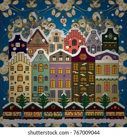 Background. Winter village landscape. Vector illustration.