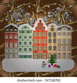 Background. Winter village landscape. Vector illustration.