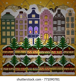 Background. Winter village landscape. Vector illustration.