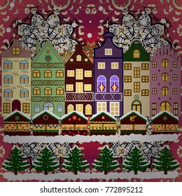 Background. Winter village landscape. Vector illustration.