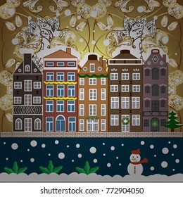 Background. Winter village landscape. Vector illustration.