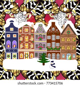 Background. Winter village landscape. Vector illustration.