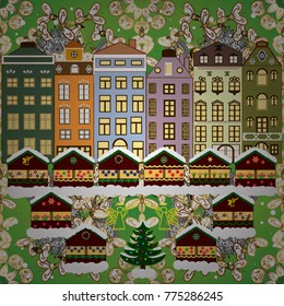Background. Winter village landscape. Vector illustration.