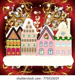 Background. Winter village landscape. Vector illustration.