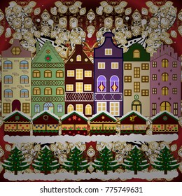 Background. Winter village landscape. Vector illustration.
