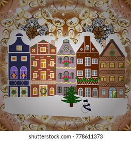 Background. Winter village landscape. Vector illustration.