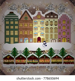 Background. Winter village landscape. Vector illustration.
