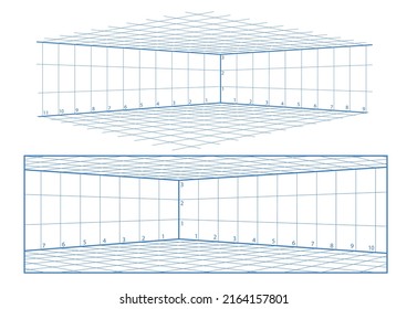 Background wireframe grid for 3d room with two-point perspective. Set line cell of corner interior for sketch template.