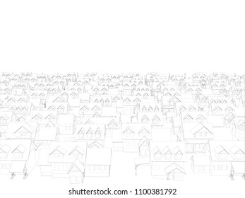 Background with wireframe houses. Many houses consisting of lines. Private houses. Vector illustration. 3D.