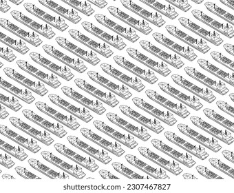 Background with a wireframe of many ships with containers from black lines isolated on a white background. Isometric view. 3D. Vector illustration.