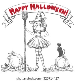 Background with witch, cat, pumpkin and decorative lettering