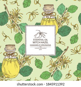 Background With Witch Hazel Flowering Branch, Leaves, Hamamelis Virginiana Flowers And Bottle Of Hamamelis Virginiana Essential Oil. Cosmetic, Perfumery And Medical Plant. Vector Hand Drawn