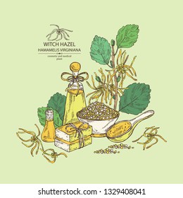 Background with witch hazel:hamamelis virginiana flowers, soap and bath salt . Cosmetic and medical plant. Vector hand drawn illustration. 