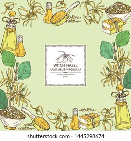 Background with witch hazel:hamamelis virginiana flowers, soap and bath salt . Cosmetic and medical plant. Vector hand drawn illustration.