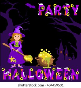 Background with witch magic pot spoon and castle, bat, an evil pumpkin  the text Halloween vector concept plase for your inscription.