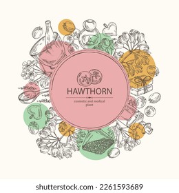 Background withhawthorn: hawthorn branch, flowers, berries and bath salt, soap and beauty products. Crataegus berries. Cosmetic, perfumery and medical plant. Vector
