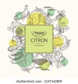 Fondo con citrón: frutas, flores de citrón, hojas, rodajas de zedrate, sal de baño, jabón y productos de belleza.  Cosmética, perfumería y planta médica. Dibujo manual del vector
