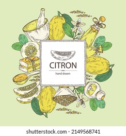 Background witht citron: fruts, citron flower, leaves, zedrate slice, bath salt, soap and beauty products.  Cosmetic, perfumery and medical plant. Vector hand drawn