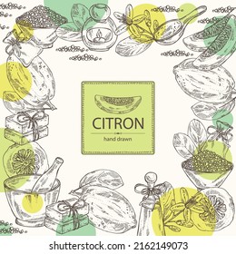Fondo con citrón: frutas, flores de citrón, hojas, rodajas de zedrate, sal de baño, jabón y productos de belleza.  Cosmética, perfumería y planta médica. Dibujo manual del vector