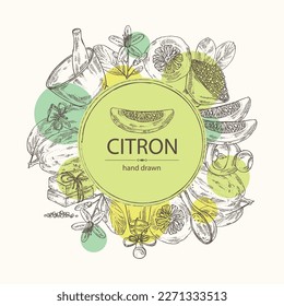 Background witht citron: fruts, citron flower, leaves, zedrate slice, bath salt, soap and beauty products.  Cosmetic, perfumery and medical plant. Vector hand drawn