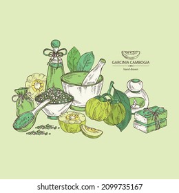 Background witht garcinia cambogia: garcinia fruts leaves, bath salt, soap and beauty products.  Cosmetic, perfumery and medical plant. Vector hand drawn