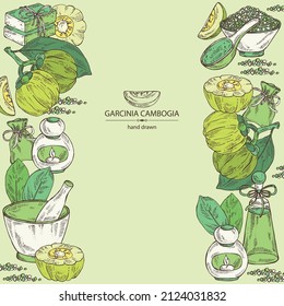 Background witht garcinia cambogia: garcinia fruts leaves, bath salt, soap and beauty products.  Cosmetic, perfumery and medical plant. Vector hand drawn