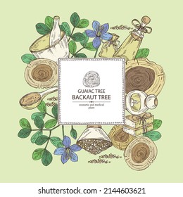 Background witht guaiac tree: wood, flower, leaves and  piece of backaut tree, bath salt, soap and beauty products.  Cosmetic, perfumery and medical plant. Vector hand drawn