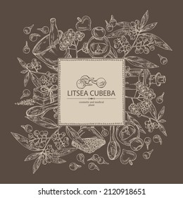 Background witht litsea cubeba: plant, flowers, litsea cubeba berries, bath salt, soap and beauty products.  Cosmetic, perfumery and medical plant. Vector hand drawn