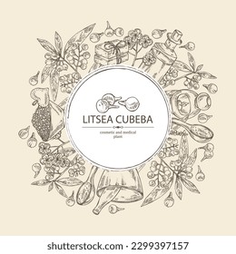 Background witht litsea cubeba: plant, flowers, litsea cubeba berries, bath salt, soap and beauty products.  Cosmetic, perfumery and medical plant. Vector hand drawn
