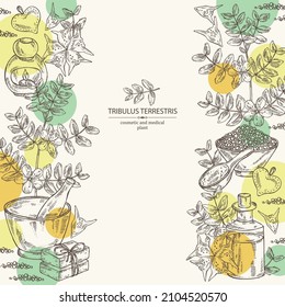 Background witht tribulus terrestris: flowers of tribulus terrestris, branch, leaves, and bath salt, soap and beauty products.  Cosmetic, perfumery and medical plant. Vector hand drawn