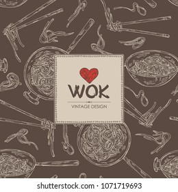 Background with wok: chinese noodles, wok with noodles and chopsticks with noodles. Vector hand drawn illustration