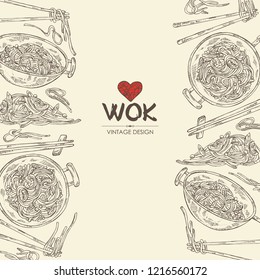 Background with wok: chinese noodles, wok with noodles and chopsticks with noodles. Vector hand drawn illustration