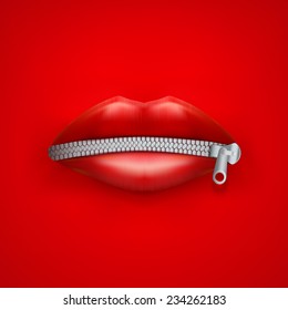 Background of Womans mouth with closed red lips. Concept of secret or boycott. Vector Illustration Isolated on white background.