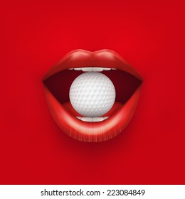 Background of Womans open mouth with golf ball in lips. Vector Illustration.